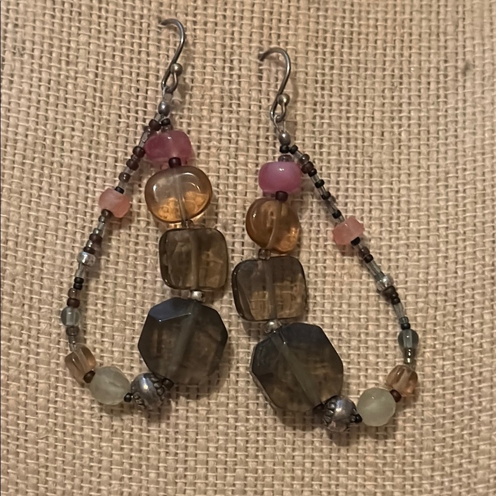 Silpada Pink & Green Chalcedony Brown Beaded Teardrop Earrings